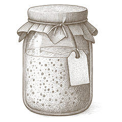 An engraving of a jar of starter under a cloth cover.