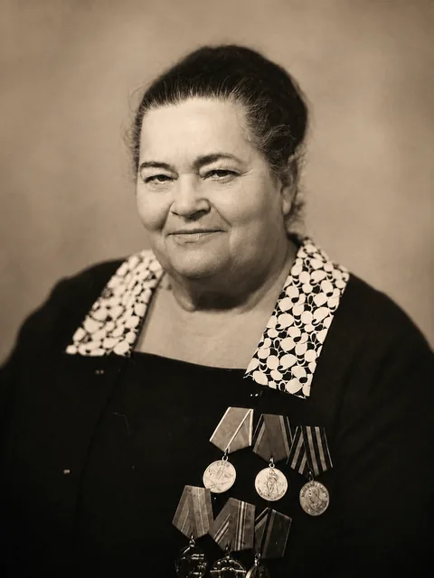 A studio portrait of an older woman in a dark dress with medals.